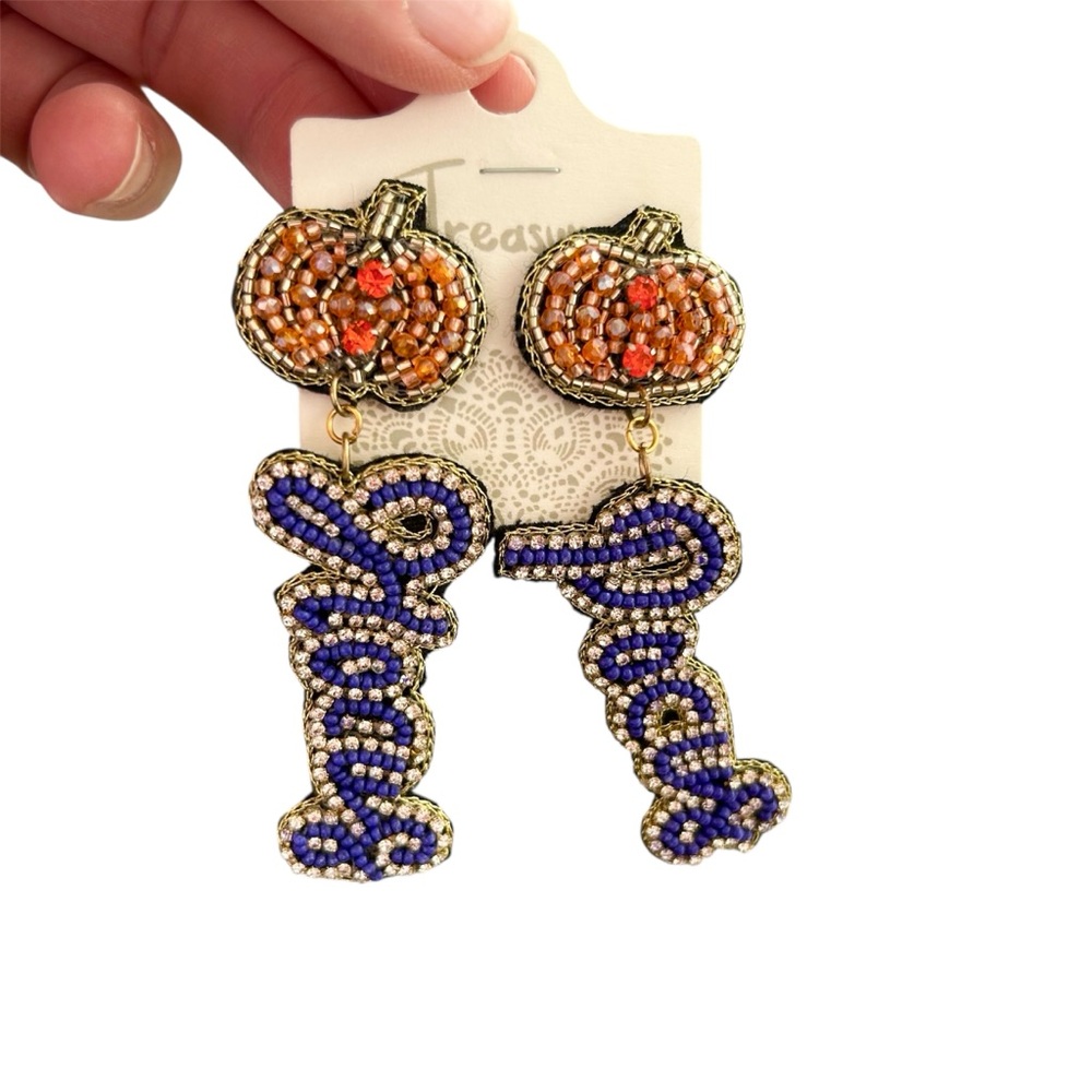 2/$28 NEW Treasure Halloween Beaded Pumpkin Hocus Pocus Pierce Earring Felt Back